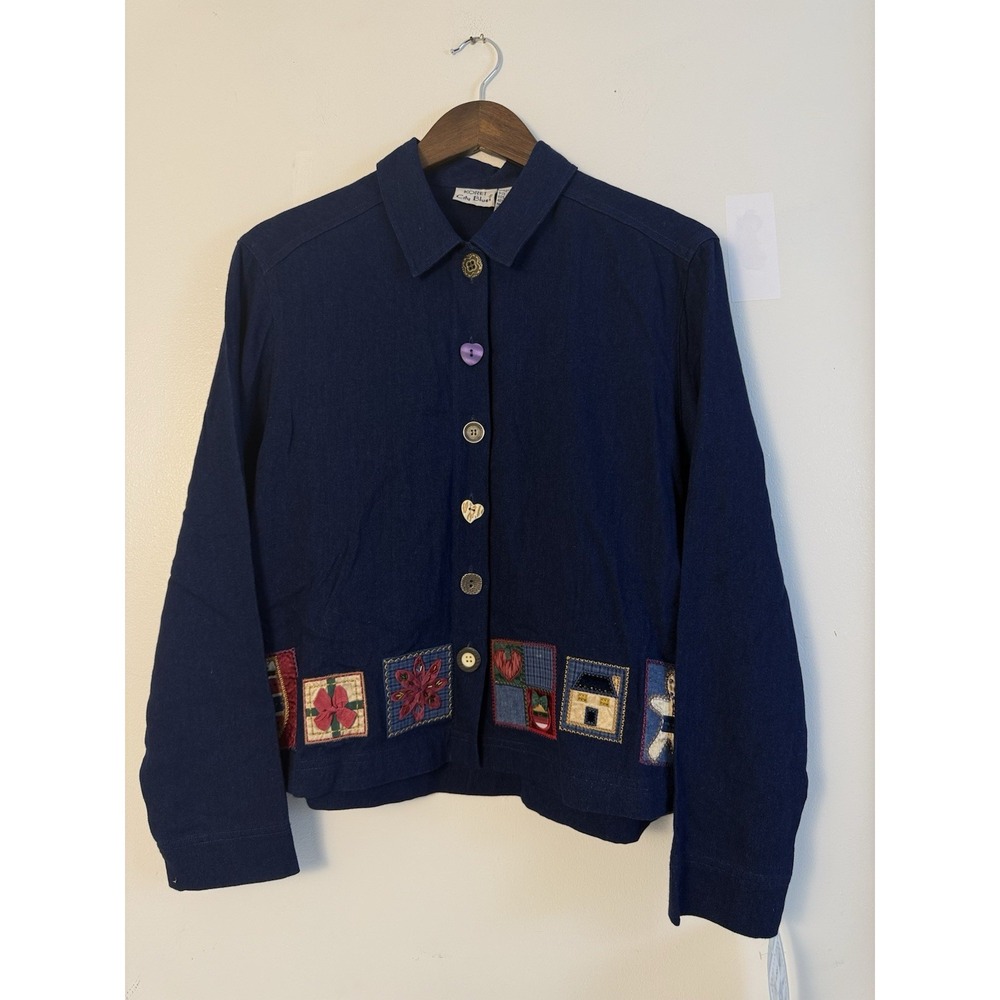 Koret City Blues Jacket Womens S 6-8 NWT Holiday Patchwork Novelty Buttons Navy